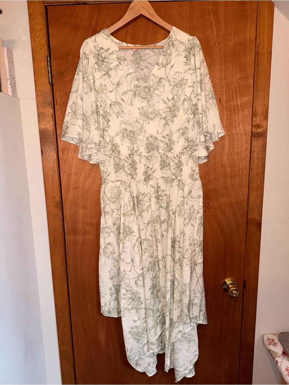 Floral Cream Midi Dress with Green Botanical Print